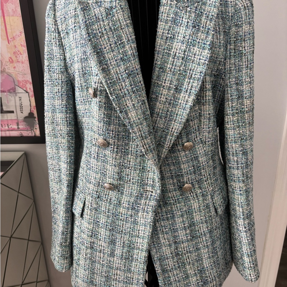 Zara Double-Breasted Tweed Blazer in Blue and White